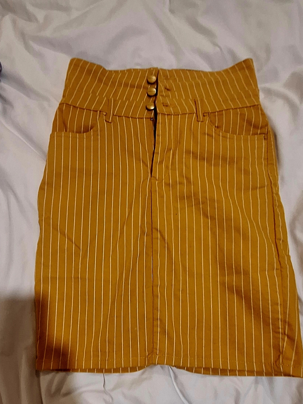 Renuar Mustard Pinstripe High-Waist Pencil Skirt